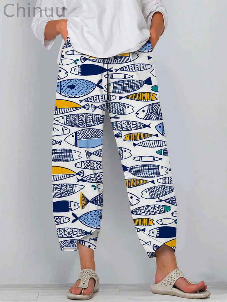 Ocean Fish Art Print Cropped Pants