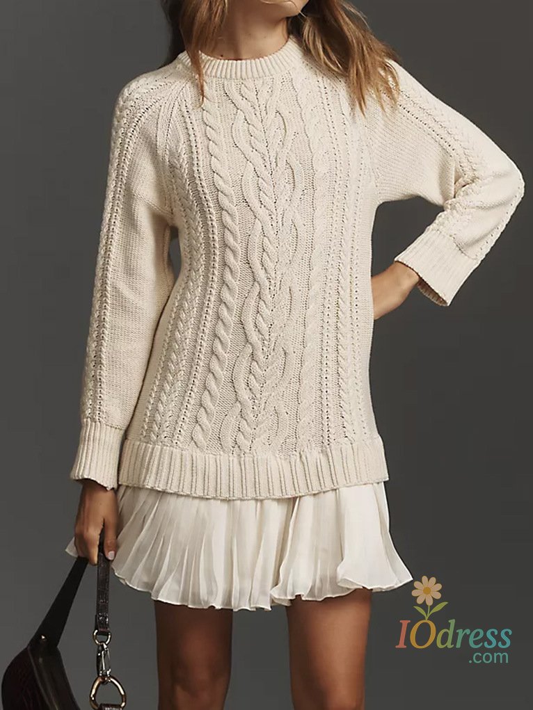 IO Dress Women's Casual New Twist Knitted Sweater Chiffon Splicing ​mini Dresses Autumn Winter Fashion O Neck Long Sleeve Folds Dress