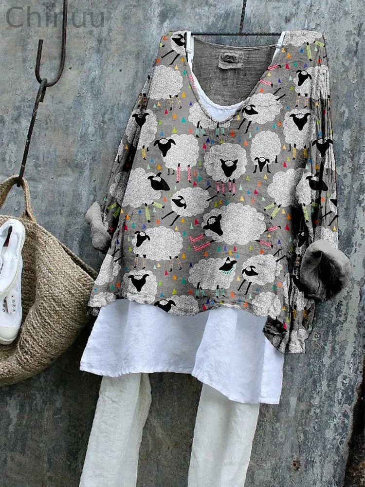 Cute Cartoon Sheep Art Linen Blend Flowy Tunic