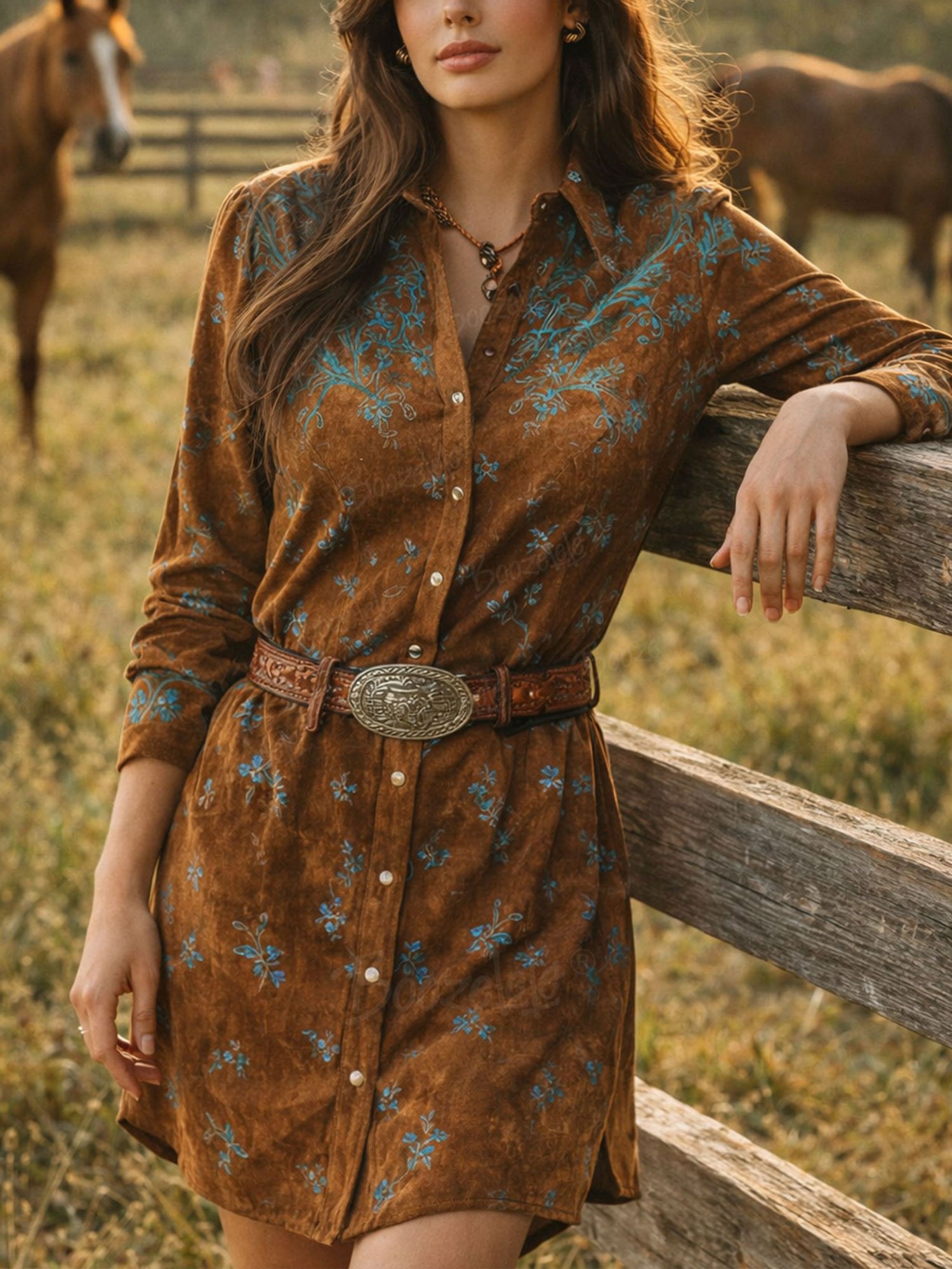 Women's Vintage Western Style Blue Floral Print Shirt Dress - 100% Cotton（Belt Is Not Included.）
