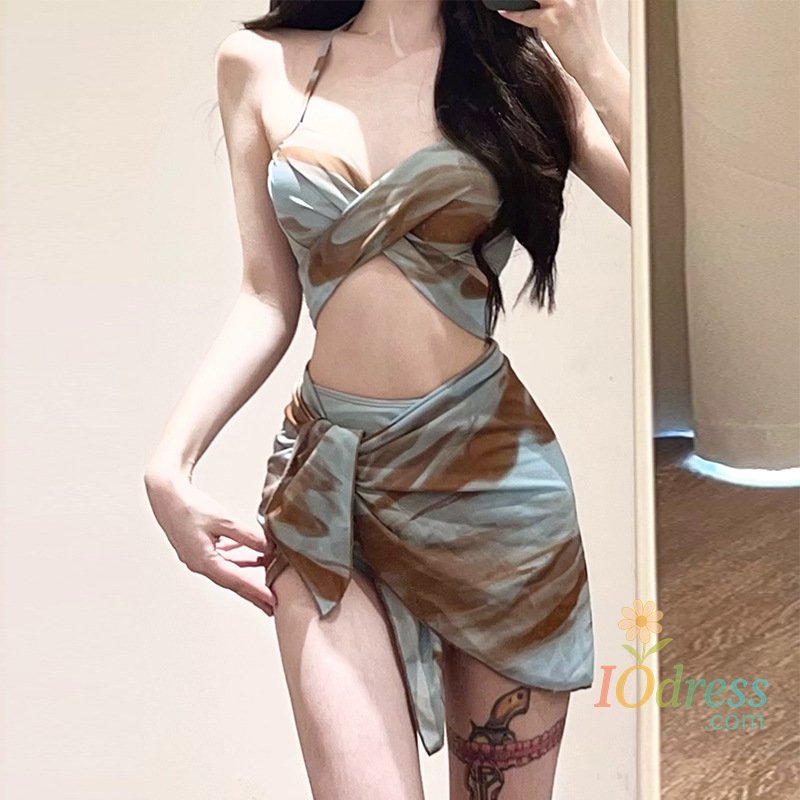 IO Dress sexy Korean fashion blue tie dye print push up bikinis sets 3pcs with mesh cover skirt swimsuit sweet beach outfits biquini