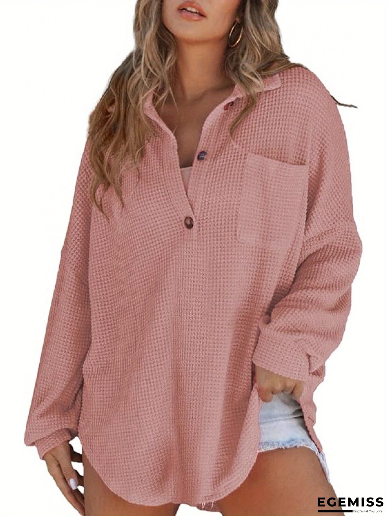 Women's Waffle Top Henley Long Sleeve V-Neck Solid Color Casual Waist-Tied Outerwear | EGEMISS
