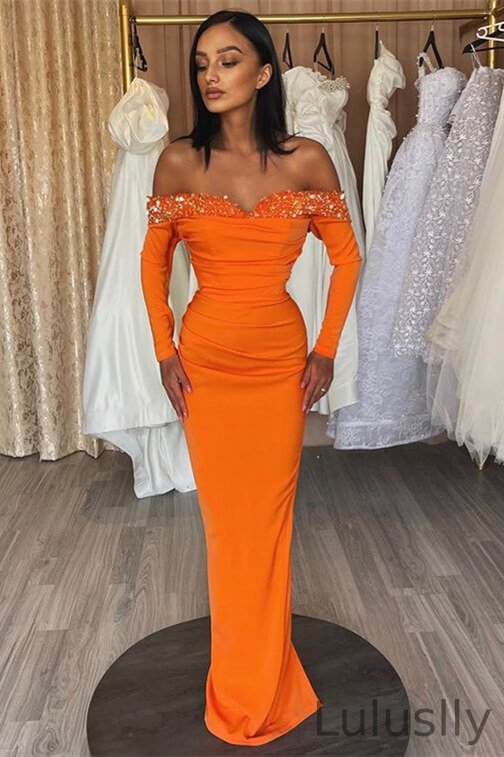 Luluslly Orange Long Sleeves Off-the-Shoulder Evening Dress Mermaid With Sequins
