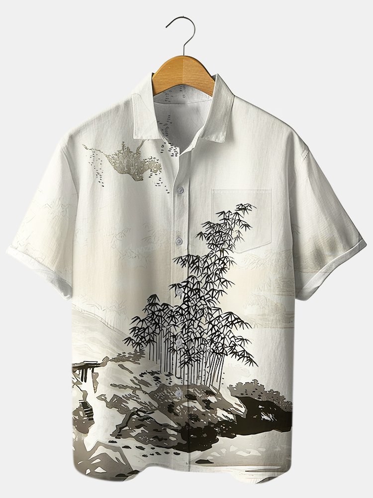 Ink Bamboo Forest - Seersucker Cotton-blend Pleated Shirt