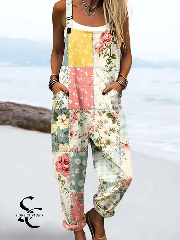 Women's Vintage Abstract Mosaic Flowers Art Print Casual 100% Cotton Wide Leg Jumpsuit