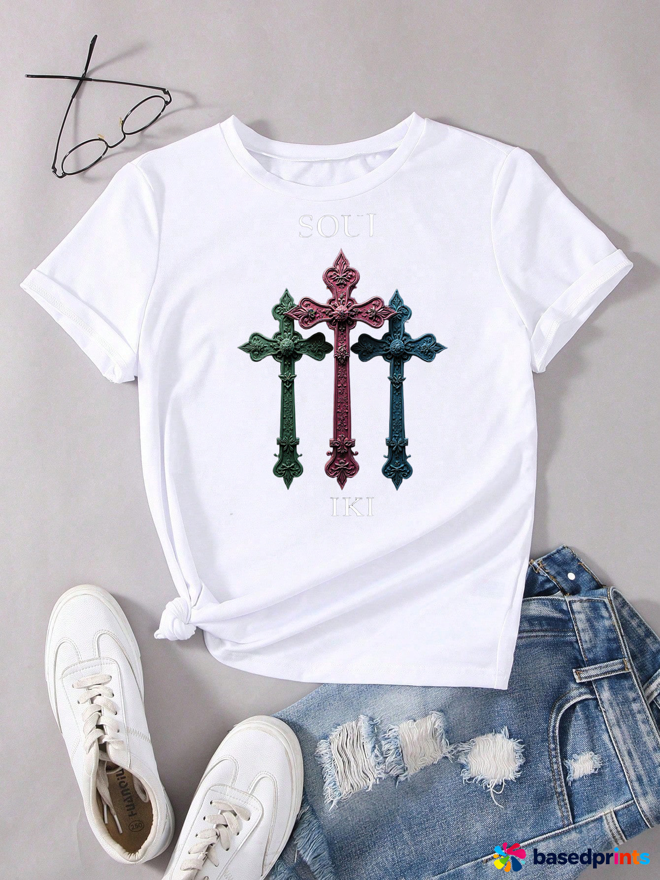 White Short Sleeve T-Shirt with Colorful Crosses