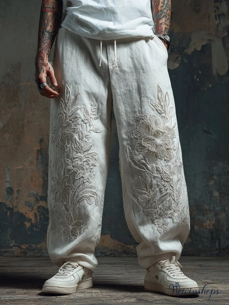 Men's Floral Lace Embroidered Casual Linen Pants