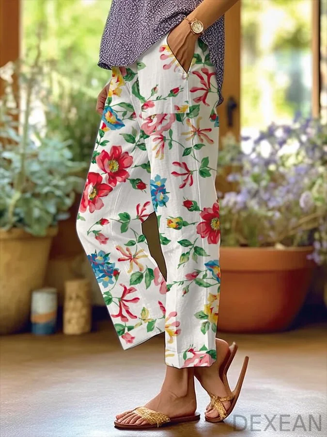 Women's Botanical Floral Design Printed Loose Pocket Patchwork Casual Pants