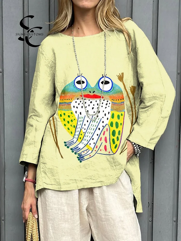 Women's Vintage Abstract Frog Art Print Casual  Cotton And Linen  Shirt