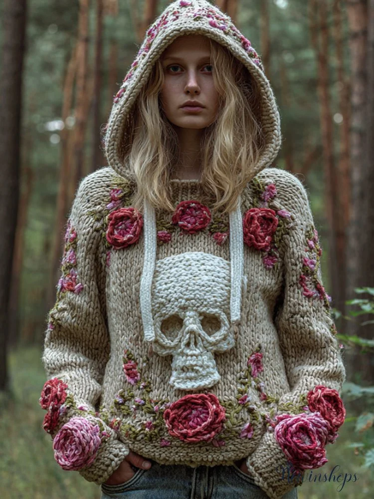 Women Halloween Skull Romantic Rose Vintage Hooded Sweater
