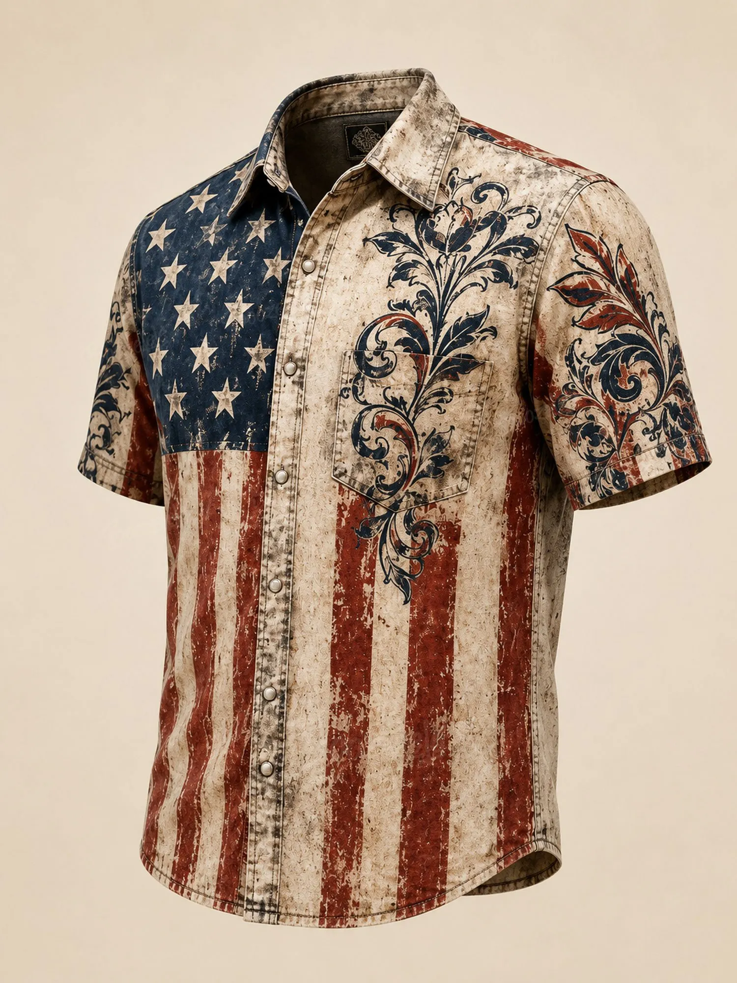 Ideal for Casual Backyard Barbecues &mdash; Distressed Khaki Patriotic Star Pattern Breathable Boho Blouse-100% Cotton