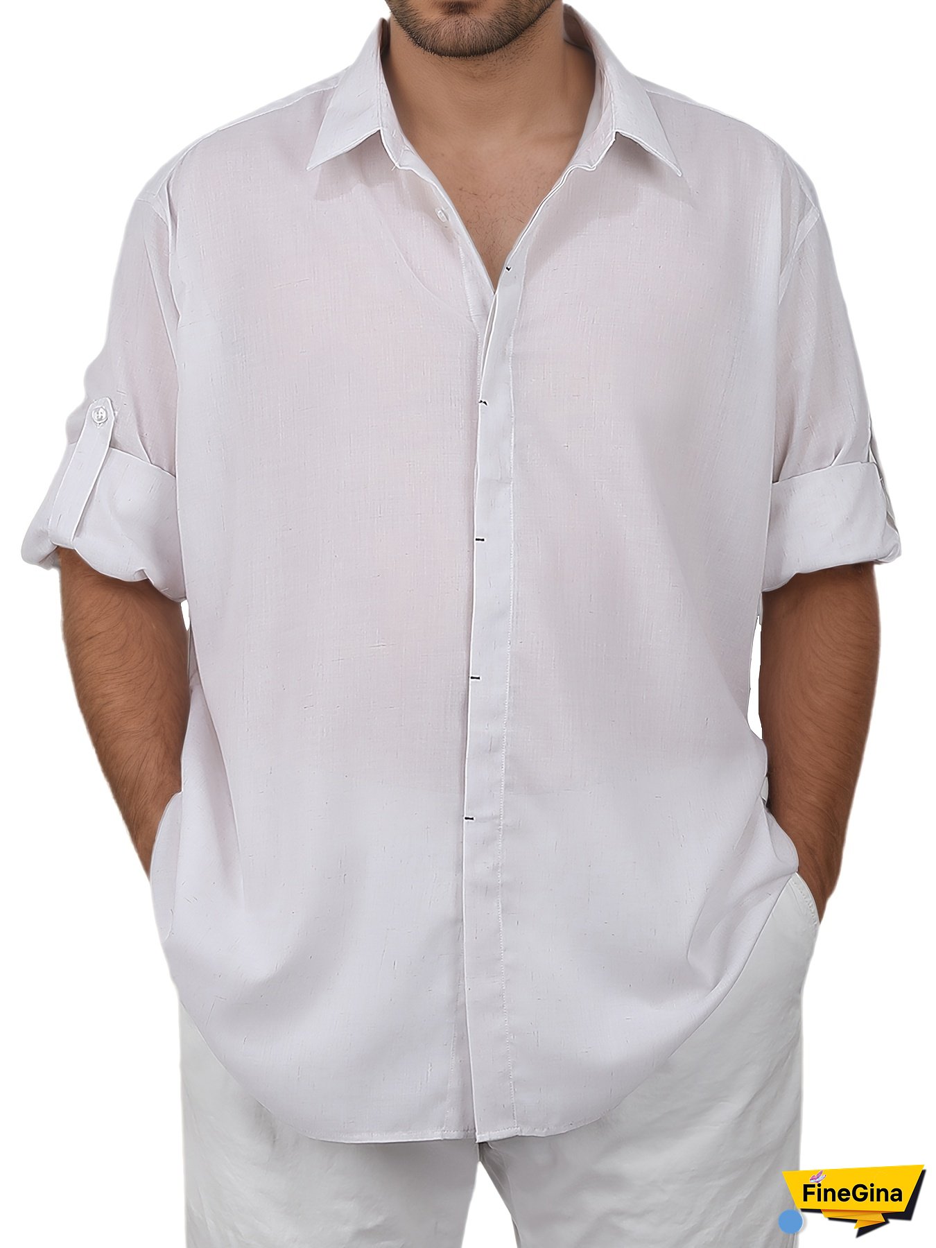 1pc Linen Invisible Button Turn-Collar LongShort Sleeve Dual-Purpose Island Beach