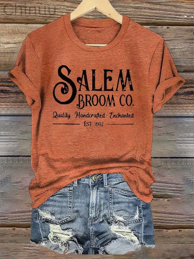 Women's Salem Broom Co Quality Handcrafted Enchanted Est 1692 Printed T-Shirt 