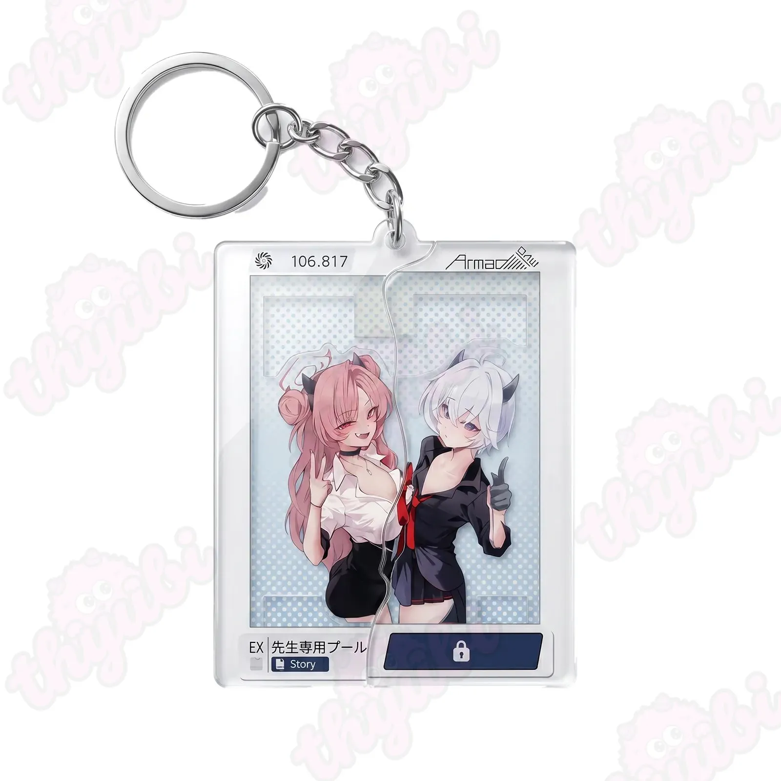Sliding Pull-Tab Acrylic Keychains & Magnets &ndash; Anime Girls (Blue Outfit, Staff Badge, Coffee Cup, Twin Girls) - thyubioffcial