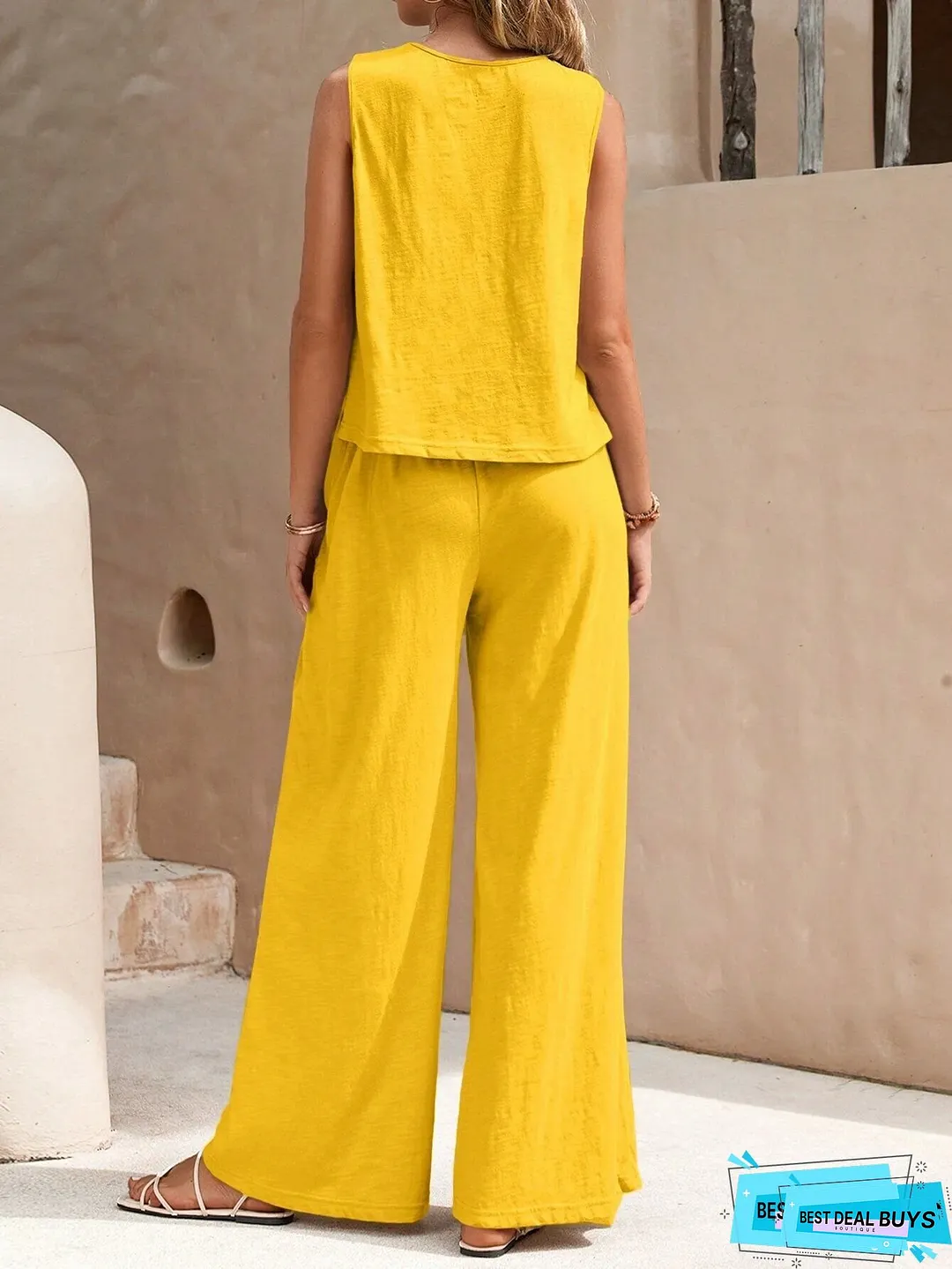 Women's Sleeveless Textured Vest Wide-leg Button- Pants Set