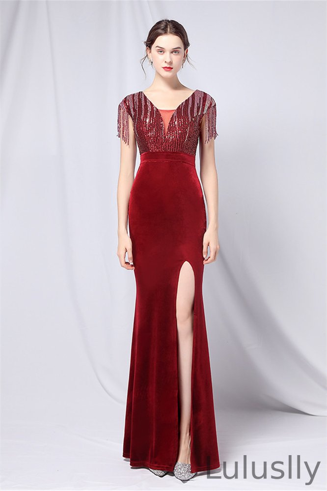 Luluslly V-Neck Cap Sleeves Evening Dress Mermaid Sequins Tassels Long With Slit YE0065