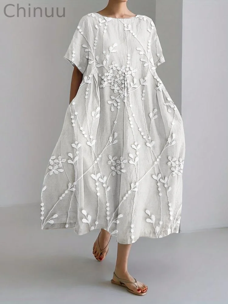Classy Floral Lace Embroidered Linen Blend Maxi Dress
