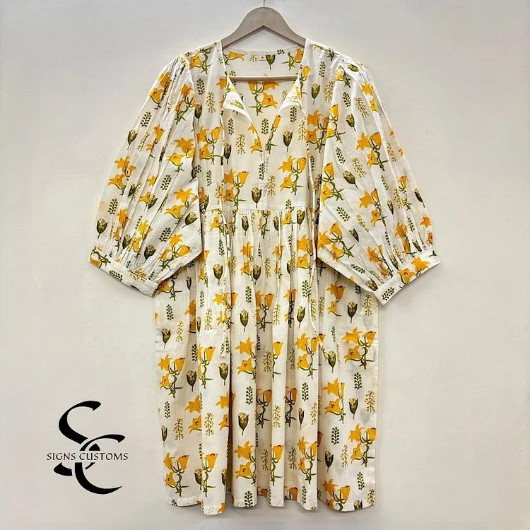 Floral Print Woman Midi Dress &ndash; Bohemian Cotton Tunic for Women with String Closure & Zipper