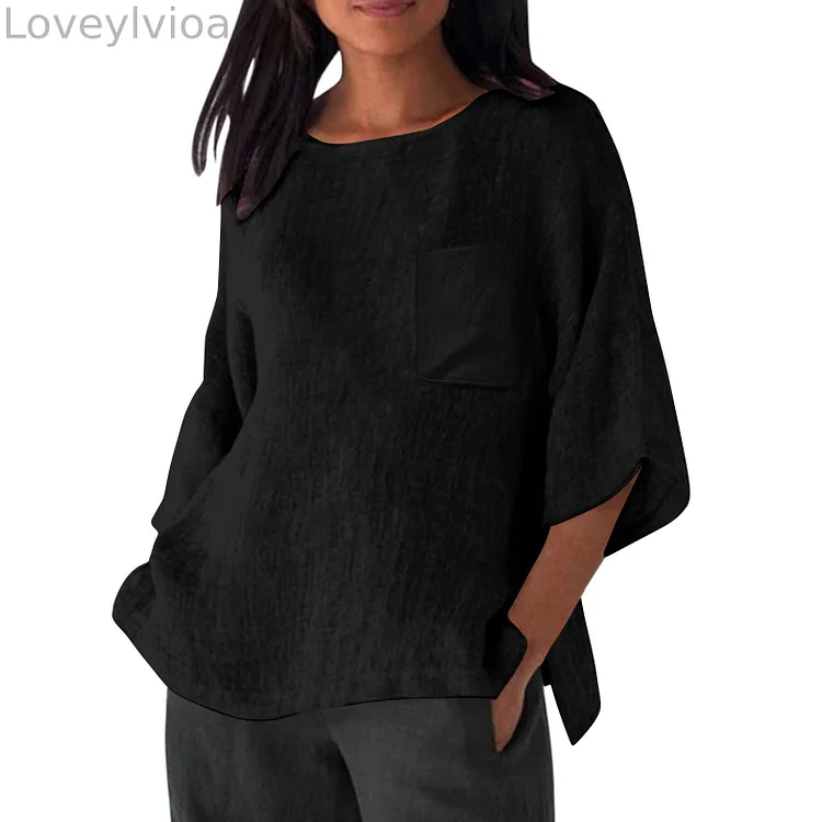 3/4 Sleeved Round Neck Pocket Loose Casual Shirt