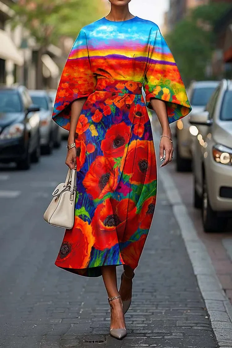 Women's Elegant Poppy Art Print Midi Dress