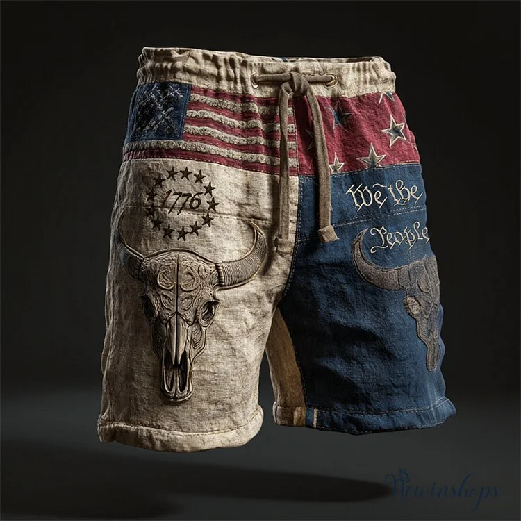 Men's We The People Bull Skull American Flag Patchwork Linen Shorts