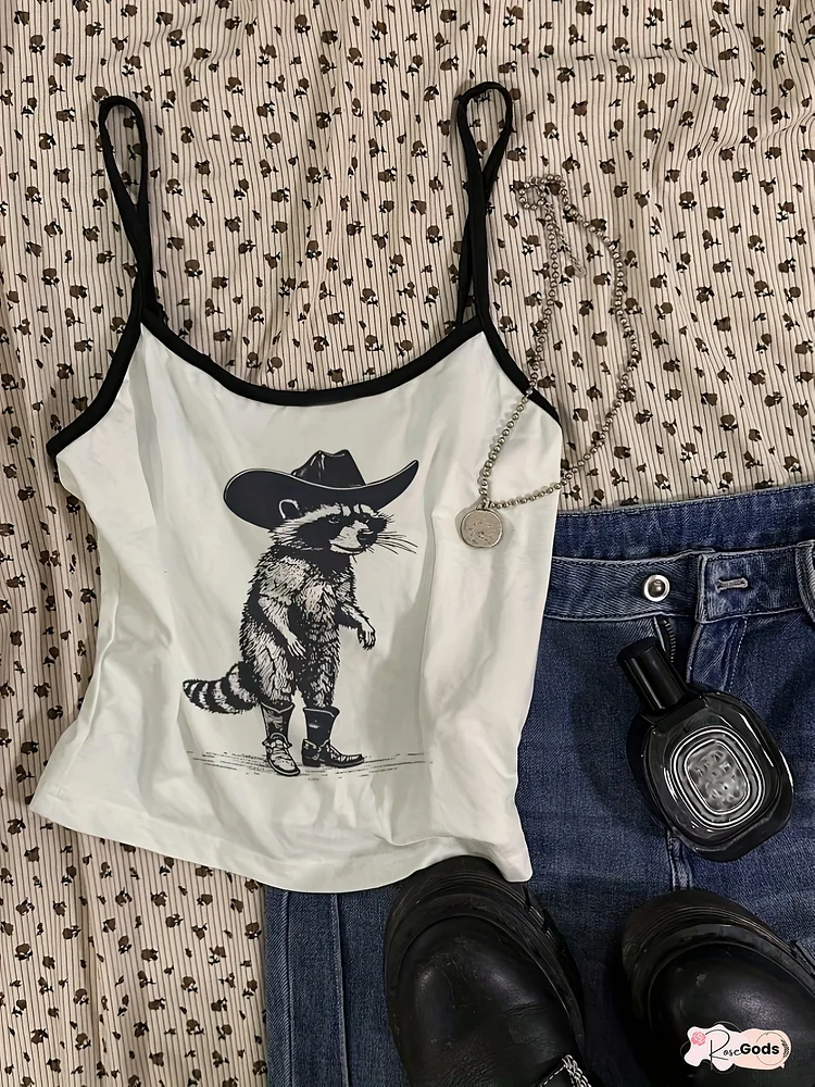 Women's Slim Fit Cropped Tank Top - Sexy Y2k Western Cowgirl Style With Raccoon In Cowboy Hat Graphic - Non-See-Through Stretchy Shirt For Casual Outfits, Parties & Festivals - Machine Washable Trendy Blouse, Ladies Tank Tops, Festival Fashion