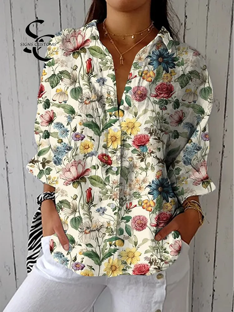 Women's Vintage Art Flower Print Casual Linen V-neck Shirt