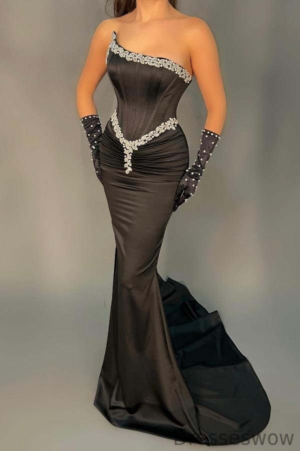 Dresseswow Strapless Black Mermaid prom Dress Long With Beads