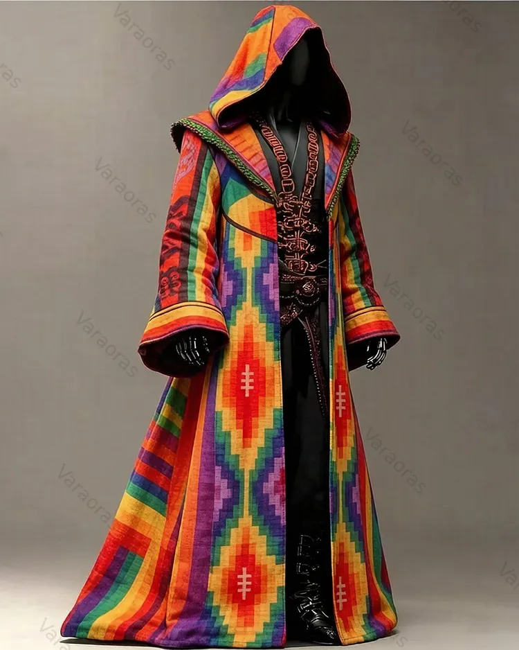 Men's Music Festival-Themed Colorful Diamond-Patterned Hooded Cape 4296