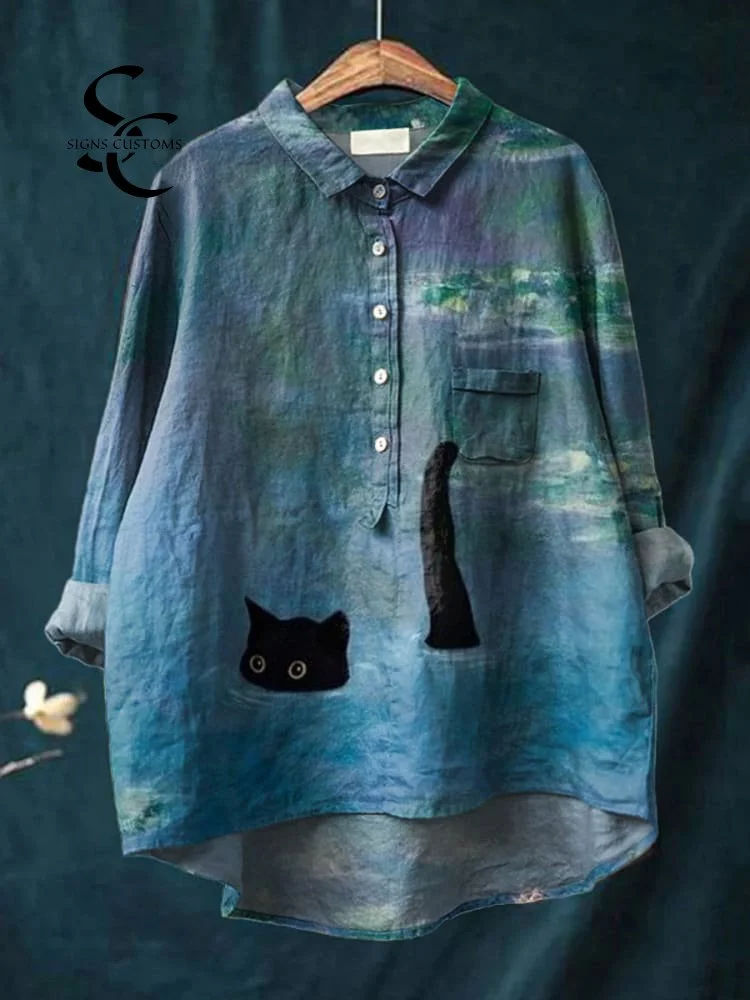 Women's Oil Painting Cat Art Print Casual Cotton And Linen Shirt