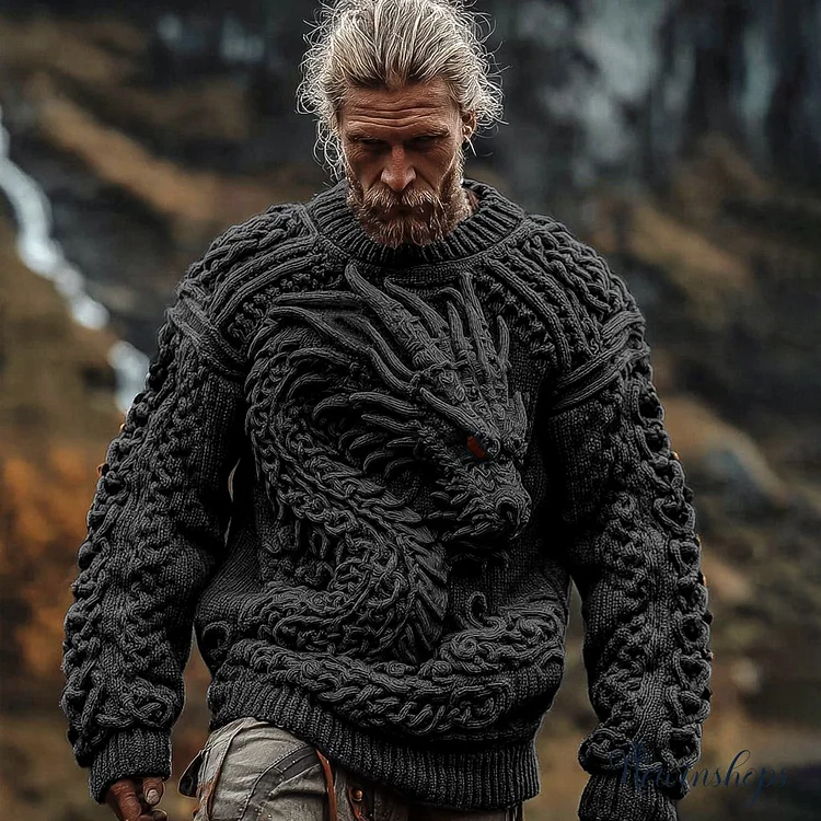 Men's Viking Dragon Celtic Knot Jacquard Chunky Knit Sweater