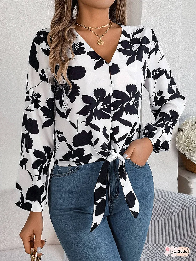 Printed V-Neck Long Sleeve Blouse - Tied Feature
