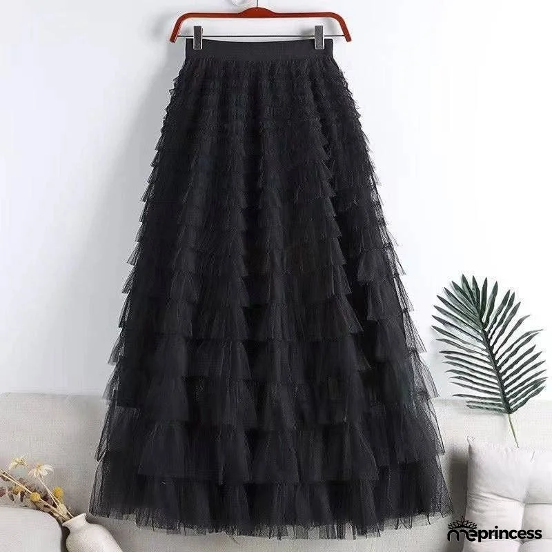 Solid Color Mesh Ruffle Hem Midi Skirt
