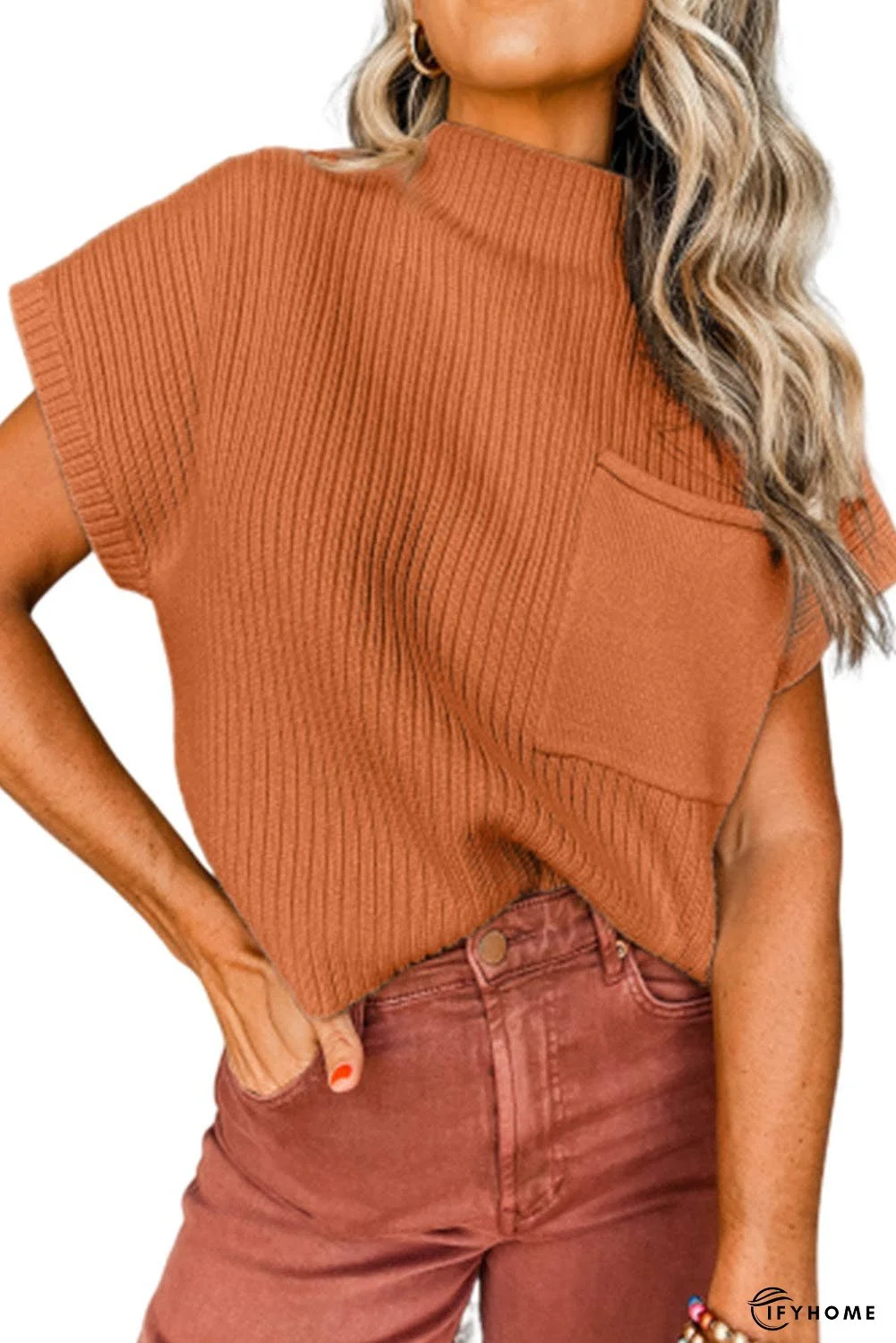 Oatmeal Patch Pocket Ribbed Knit Short Sleeve Sweater | IFYHOME