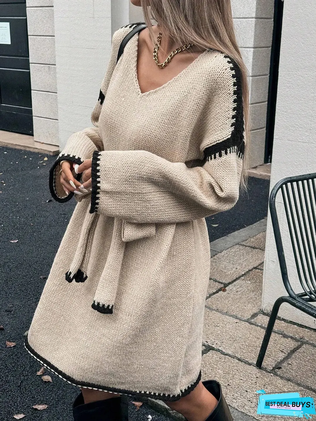Womens Elegant V-Neck Sweater Dress Long Sleeve Loose Fit with Belt Chic Office Party