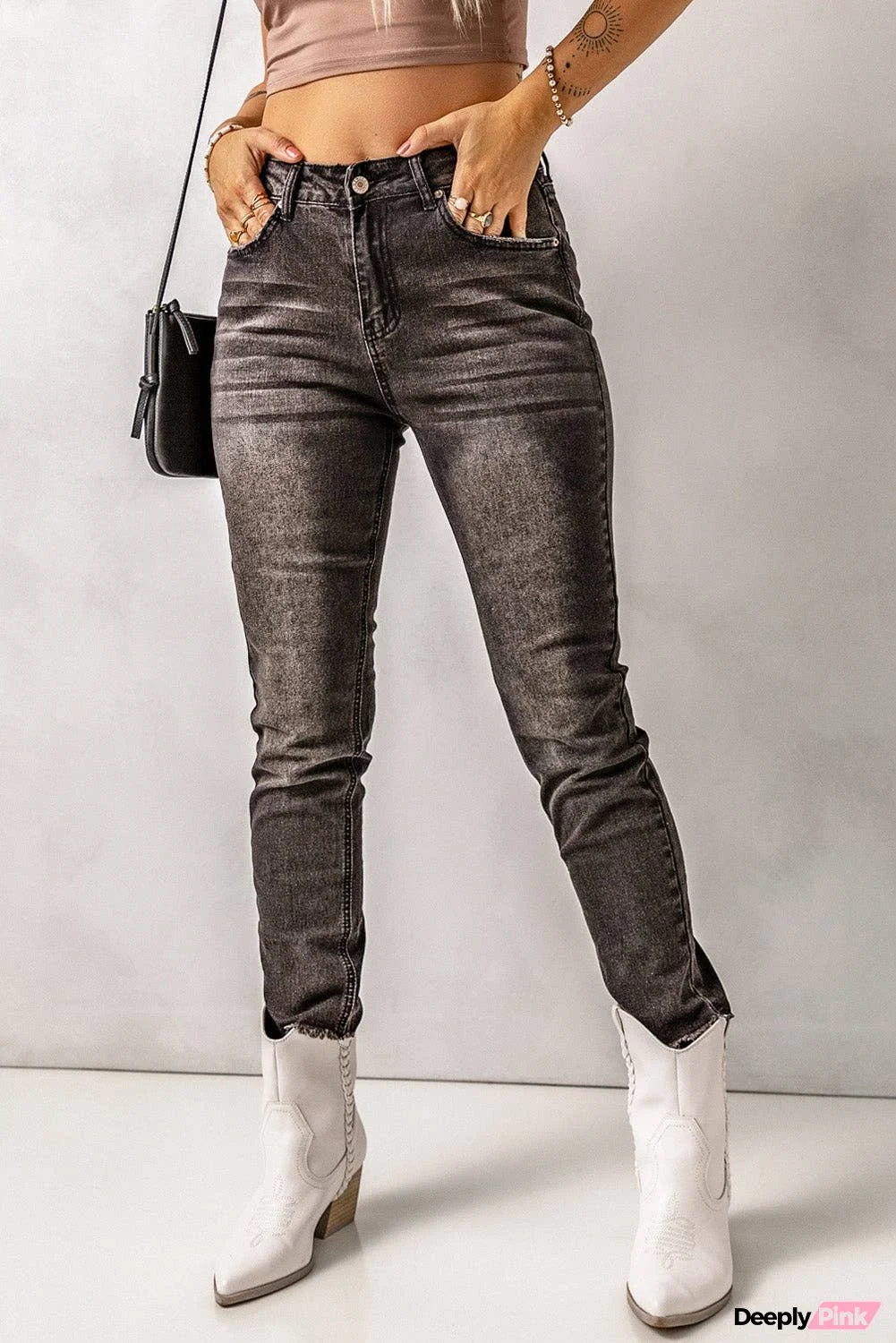 High Waist Raw Hem Skinny Jeans