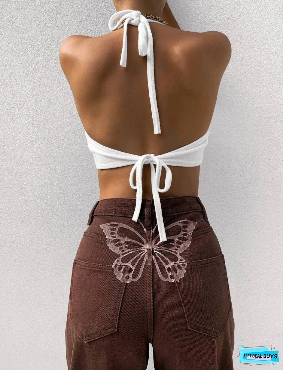 HIGH-WAISTED BUTTERFLY PRINT BAGGY WIDE-LEG JEANS