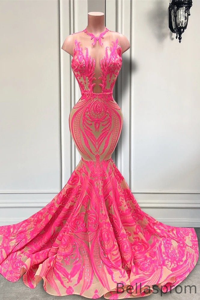 Bellasprom Pink Sleeveless Mermaid Sequins Lace Evening Dress Long  Bellasprom