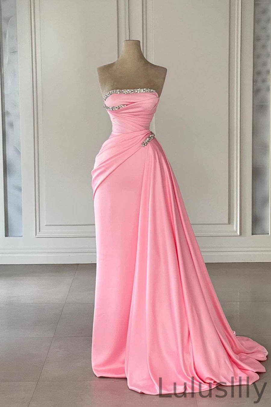 Chic Pink Strapless Sleeveless Mermaid Evening Gowns With Beads Ruffles Online - lulusllly