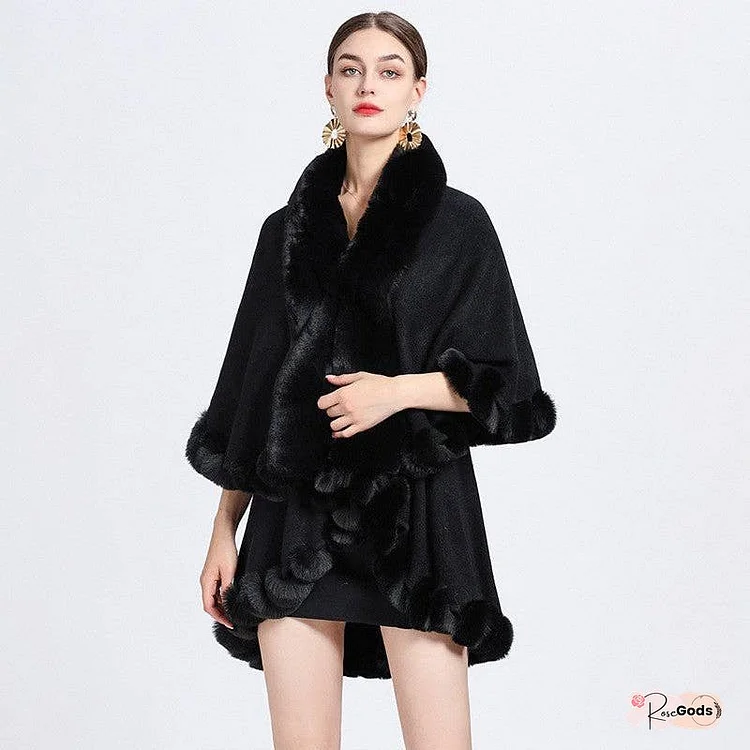 Faux Otter Rabbit Fur Collar Loose Knit Shawl Poncho