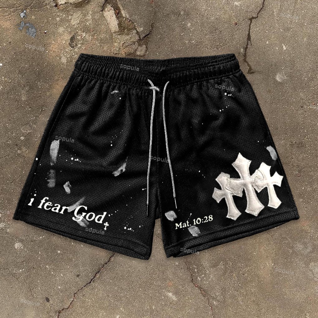 Sopula I Fear God Cross Graphic Casual Street Mesh Shorts