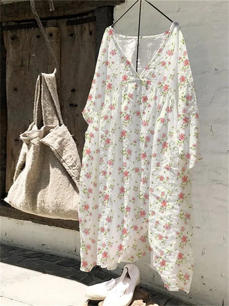 Cottage Floral Pleated V Neck Oversize Maxi Dress