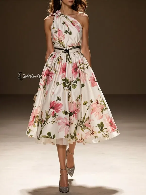 Pink Ruched Floral Classic One Shoulder Sleeveless A-Line Midi Dress