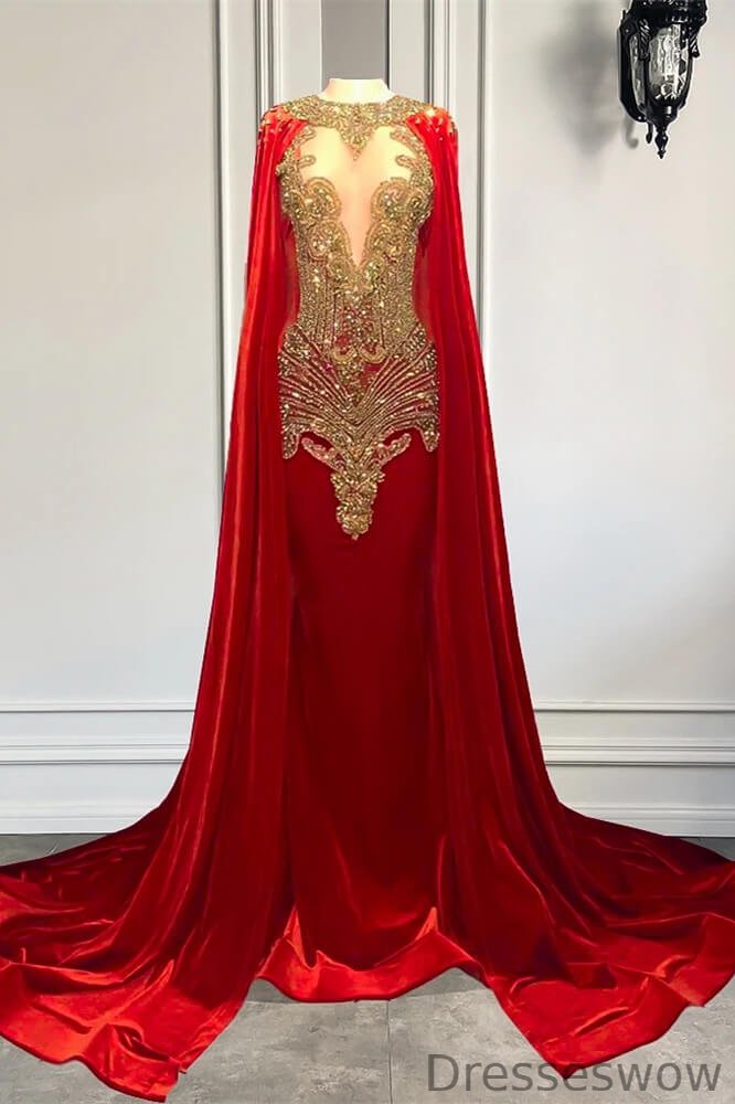 Dresseswow Red Scoop Mermaid Evening Gowns With Beadings Cape Online