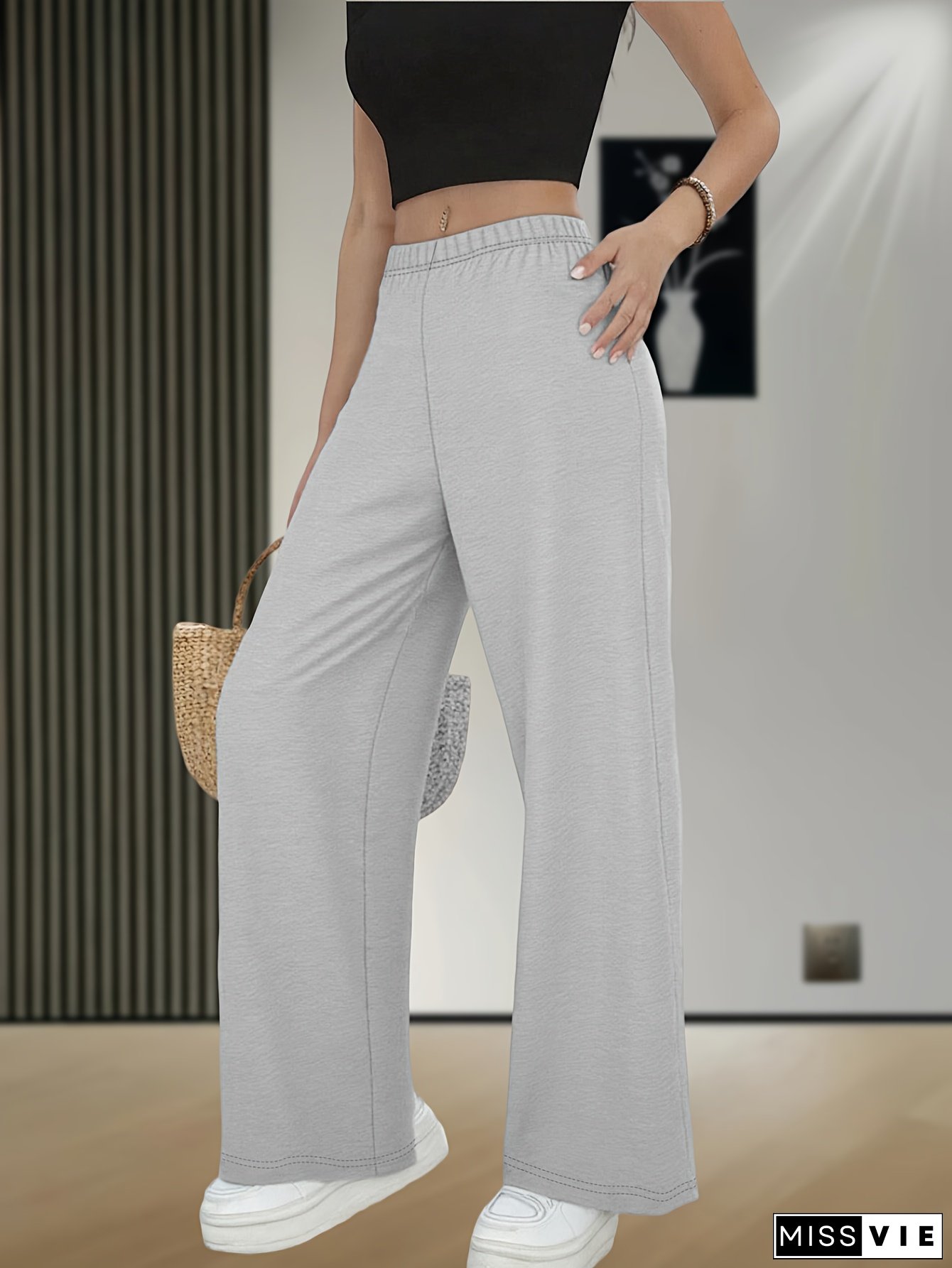 Womens High-Waisted Wide-Leg Pants Stretchy Elastic Waist Trousers All-Season