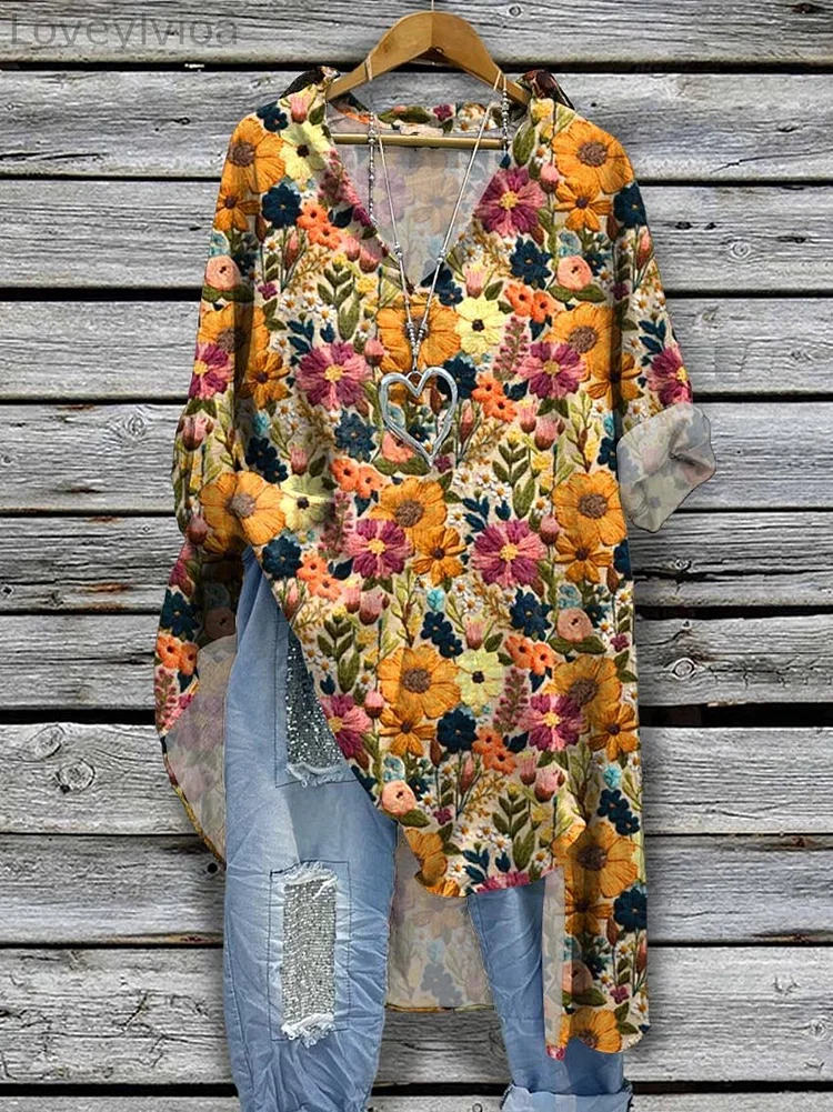 Women's Flowers Print Casual Cotton And Linen Shirt Dress