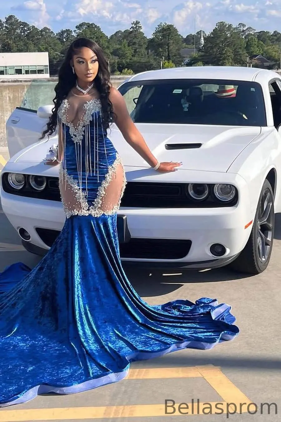 bella's blue prom dress Bellasprom Royal Blue Sleeveless Mermaid Prom Dress With Beadings Tassels