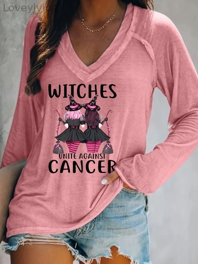 Women's Witches Unite Against Cancer V-Neck Long-Sleeve T-Shirt