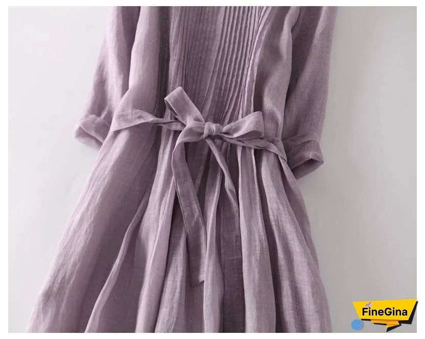 Loose Cotton Linen Tie Three Quarter Sleeve Dress