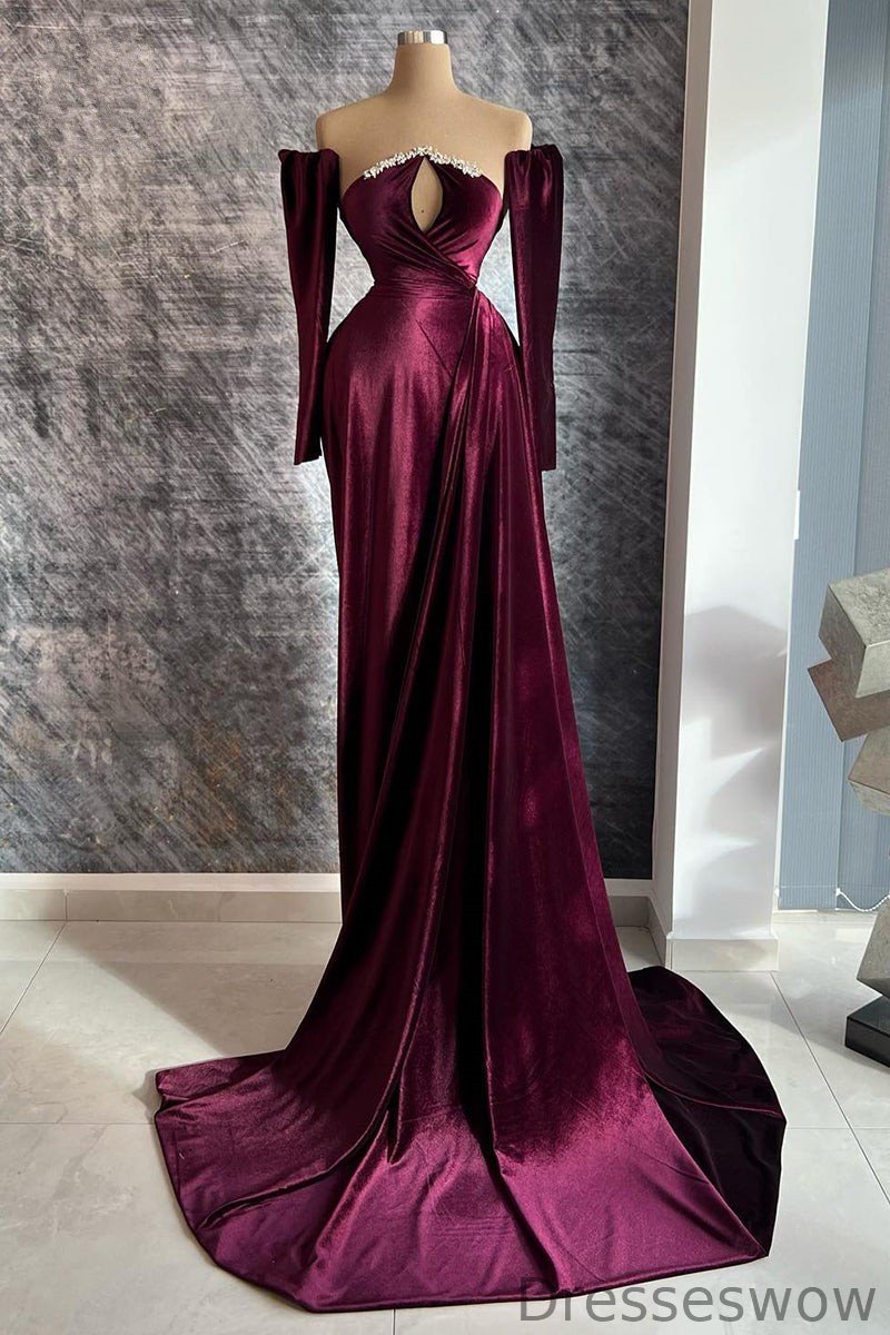 Dresseswow Keyhole Long Velvet Prom Dress Detachable Sleeves With Beads